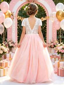 Tween Girl Colorblock Lace Contrast Mesh Backless Short Sleeve Dress Flower Girl Wedding Party Evening Gown - Pink - View 3