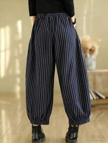 Plus Size Women's Spring/Autumn Casual Striped Pocket Loose Harem Pants, Suitable For Daily Commute Wear - Royal Blue - View 4