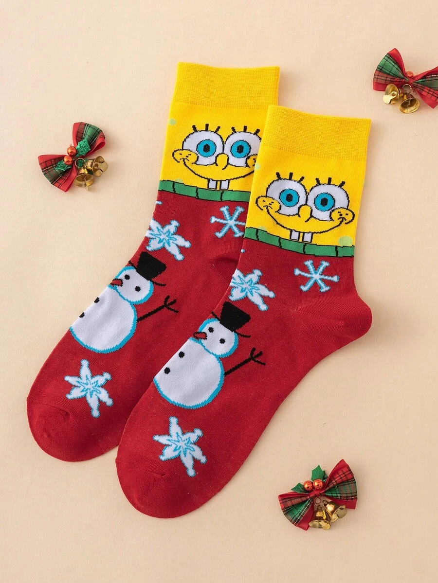 SpongeBob SquarePants 1 Pair SquarePants Series Snowman Pattern Personalized Fun Men's Mid-Calf Socks, Christmas Style - Multicolor - View 1