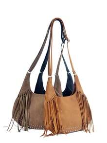 Women Hobo Crossbody Shoulder Bag,Curved Crescent Shape Suede Leather Fringe Tassel Silver Rivet,Adjustable Strap Bohemian Style Daily Travel - Multicolor - View 13