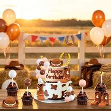 1 Set Denim Rodeo Cake Decorations, Western Cowboy Cake Decor With Cowboy Hat, Boots, Gold Five-Pointed Star, White And Brown Foam Balls, Gold Horseshoe Decor, Suitable For Baptism, First Rodeo, Birthday Party And Cowboy Theme Party Cake Decoration - Multicolor - View 1