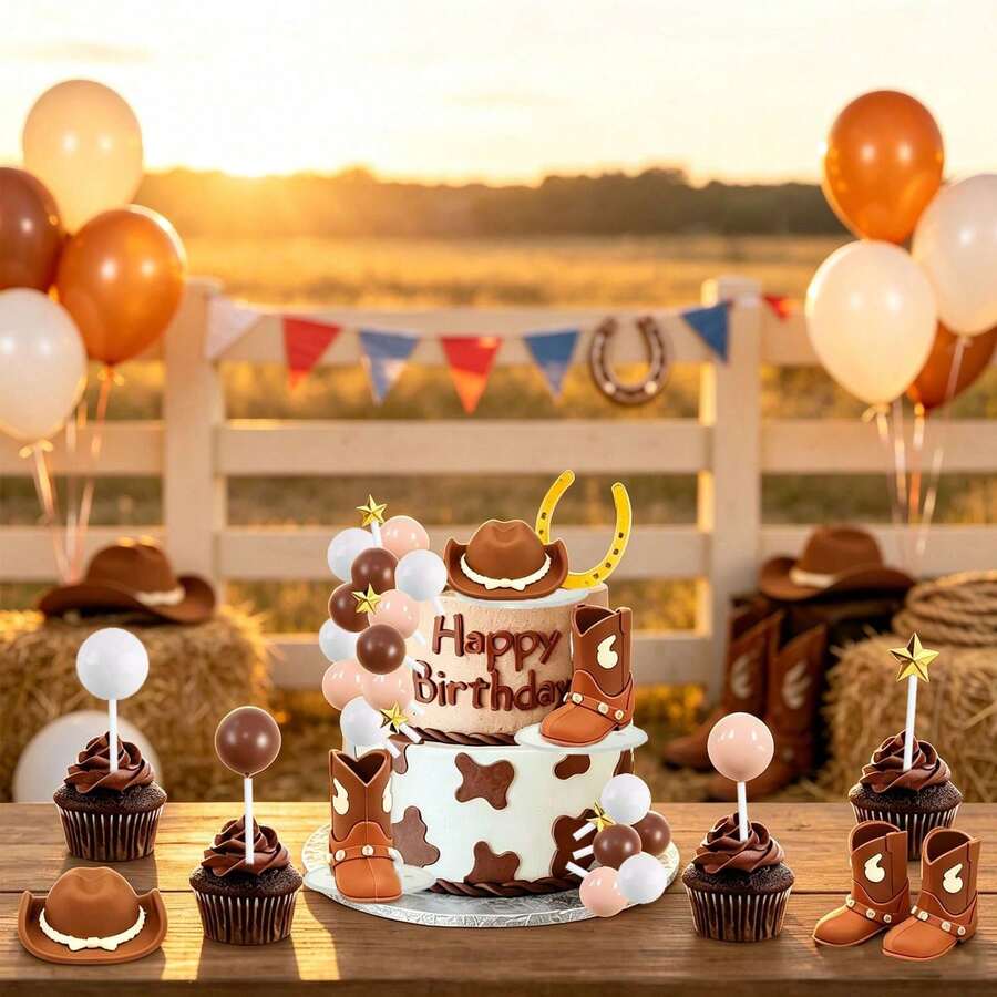 1 Set Denim Rodeo Cake Decorations, Western Cowboy Cake Decor With Cowboy Hat, Boots, Gold Five-Pointed Star, White And Brown Foam Balls, Gold Horseshoe Decor, Suitable For Baptism, First Rodeo, Birthday Party And Cowboy Theme Party Cake Decoration - Multicolor - View 1