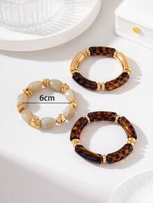 3pcs Pink Resin Bead Bracelet Set - Women's Stackable Gold Asymmetrical Leopard Print Elastic Bracelets, Bohemian Layered Jewelry Gift - Multi-color Leopard Print - View 6