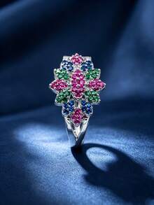 1pc Sparkling Glamorous Floral Cluster Full Zirconia Inlaid Ring For Women, Party Gathering Date Street Vacation Eye-Catching Accessory - Ring - View 1