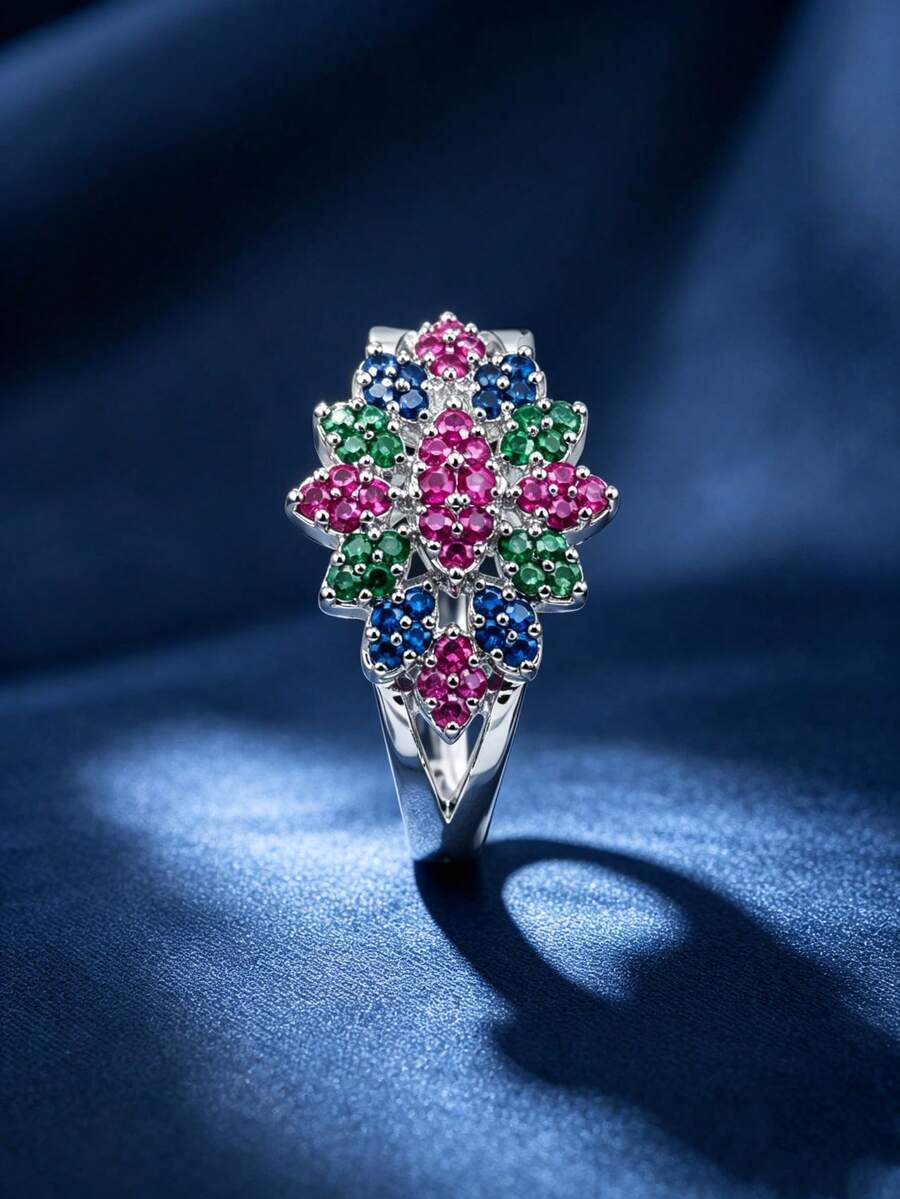 1pc Sparkling Glamorous Floral Cluster Full Zirconia Inlaid Ring For Women, Party Gathering Date Street Vacation Eye-Catching Accessory - Ring - View 1