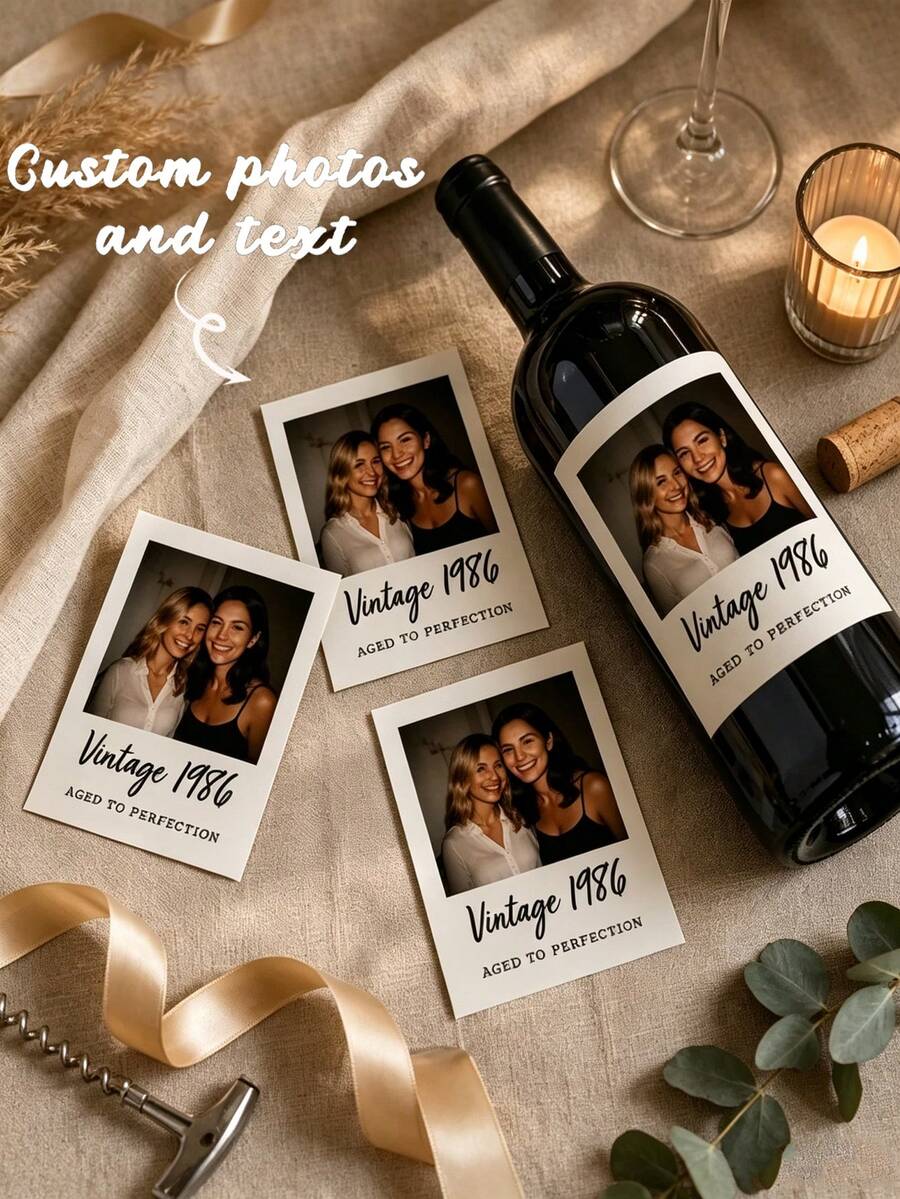 1-10pcs Custom Wine Bottle Labels, Personalized DIY Wine Bottle Stickers, Designed With Birthday Celebrant's Name And Birth Date. Stick On Red Wine Or Champagne Bottles To Create An Eye-Catching Visual Focal Point And Instantly Enhance Party Photo - Multicolor - View 1