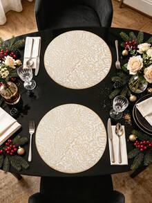 1-6pcs White & Champagne Gold Palm Leaf Pattern Placemats, French Minimalist PVC Embossed Heat-Insulating Table Mats, Valentine's Day Christmas Thanksgiving Decoration Pads - Multicolor - View 6