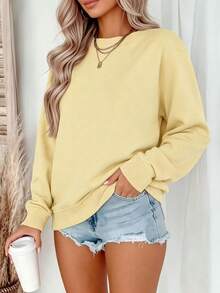 Women's Yellow Long Sleeve Crew Neck Pullover Sweatshirt, Ribbed Knit Detail, Casual, Suitable For Spring And Autumn Wear - Light Yellow - View 6