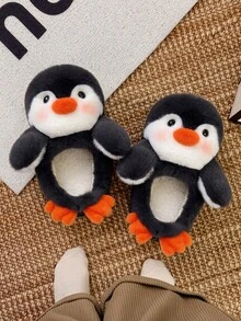 Cute Penguin Plush Slippers, Fuzzy Fur Lining, Unisex Indoor/Outdoor Fun Slippers For Autumn/Winter - Black - View 2