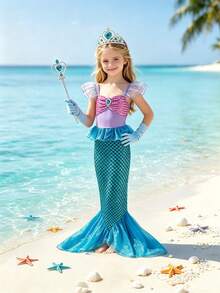 Young Girls Blue & Purple Sequin Mermaid Dress With Gemstone Brooch And Flutter Sleeves, Party Performance Dress, Matching Magic Wand, Crown And Glove Set, Party Evening Gown, Role Play, Suitable For Girls Birthday Gift, Suitable For Beach Party, Friends Gathering And Other Large Events - Purple - View 1