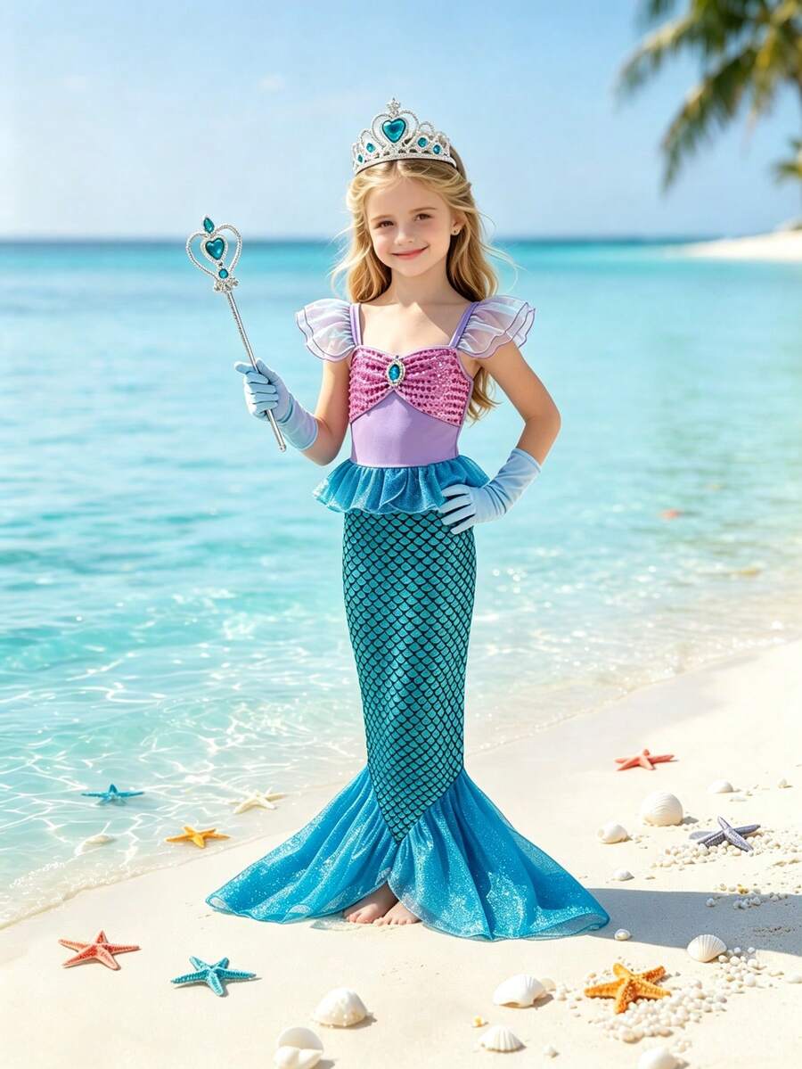 Young Girls Blue & Purple Sequin Mermaid Dress With Gemstone Brooch And Flutter Sleeves, Party Performance Dress, Matching Magic Wand, Crown And Glove Set, Party Evening Gown, Role Play, Suitable For Girls Birthday Gift, Suitable For Beach Party, Friends Gathering And Other Large Events - Purple - View 1