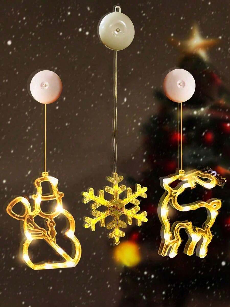 1pc Warm Yellow Christmas Window Light, LED Suction Cup Light, Indoor Christmas Decoration, Snowman, Snowflake, Reindeer Pattern, Battery Powered Indoor/Outdoor Decoration, Christmas Tree Party Home Decor (Battery Not Included) - Multicolor - View 1