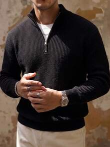 Men's Classic Half-Zip Collar Long Sleeve Sweater, Autumn/Winter - Black - View 3