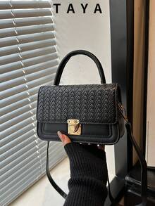 Women's Woven PU Leather Shoulder Handbag, Gold Metal Lock Flap, Detachable & Adjustable Crossbody Strap, Elegant & Compact, Suitable For Parties, Dates And Daily Wear - Black - View 2