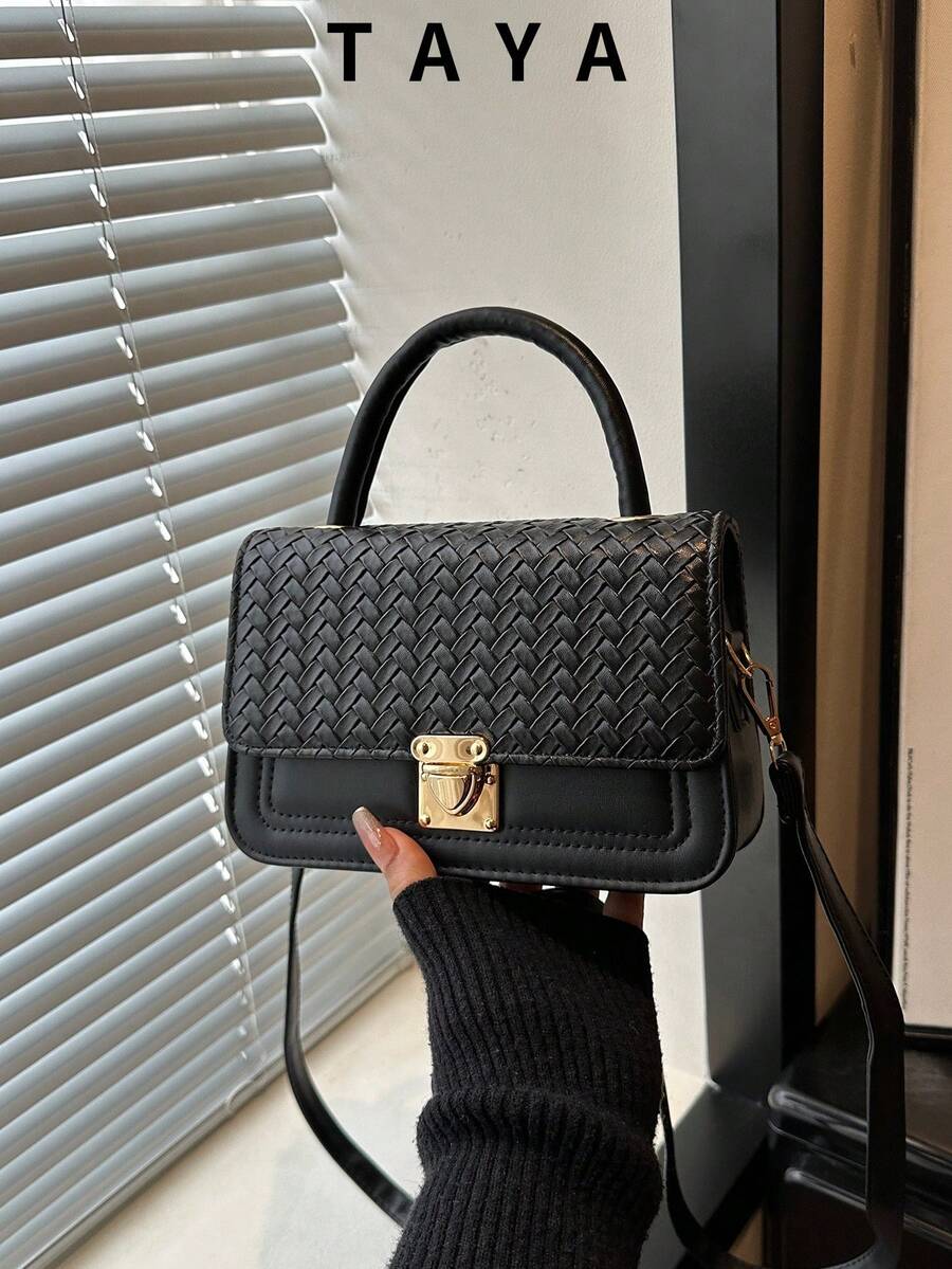 Women's Woven PU Leather Shoulder Handbag, Gold Metal Lock Flap, Detachable & Adjustable Crossbody Strap, Elegant & Compact, Suitable For Parties, Dates And Daily Wear