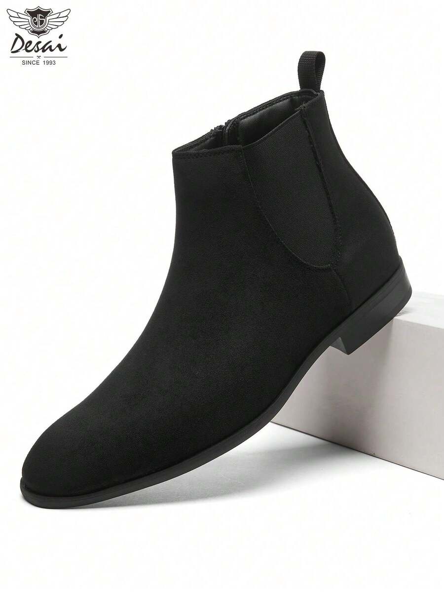 DESAI Sepatu Bot Chelsea Pria Terbaru dengan Resleting Samping, Suede Premium, Berbagai Warna, Gaya Formal Bisnis Inggris, Sepatu Bot Kulit Pendek Musim Gugur/Dingin, Serbaguna untuk Perjalanan Bisnis - Hitam - View 1