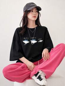 Kaos Wanita Kasual Leher Bulat Longgar Lengan Pendek Motif Huruf & Ikan, Liburan Musim Semi/Panas Warna Hitam - Hitam - View 1