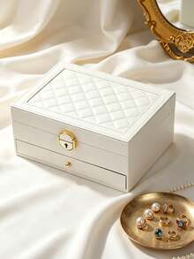1pc Large Capacity Jewelry Box With Drawer, White Green Color Block Black Optional, Top Layer Necklace Hooks Ring Slots Earring Board, Bottom Layer Drawer Partition, Lockable Dust-Proof, Vanity Storage Watch Slot, Anti-Oxidation, Necklace Hooks, Home Use Zipper - Multicolor - View 4