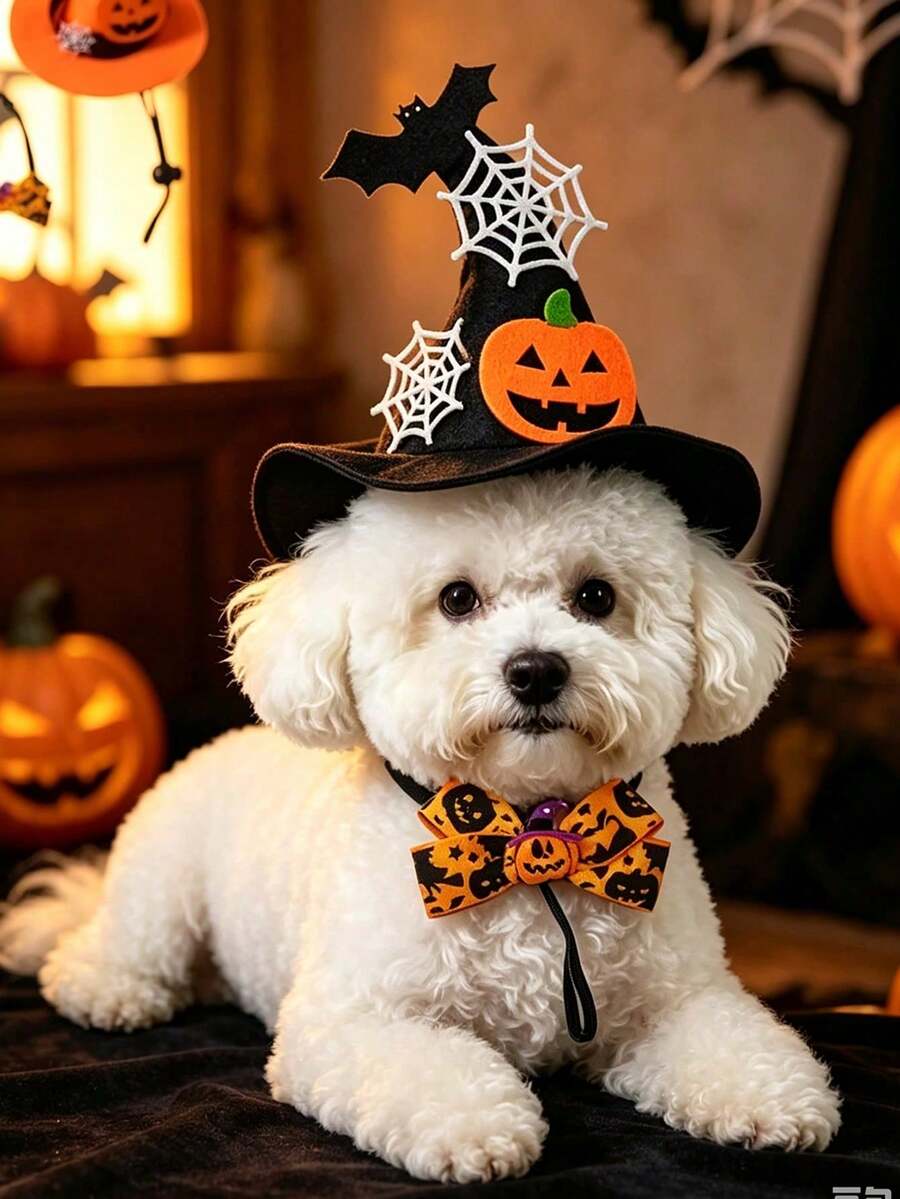 Halloween Pet Wizard Hat Set, Adjustable, Cat Costume Hat, Dog Headwear, Halloween Festival Headgear, Pumpkin Witch Hat And Halloween Bow Bat Spider Web Decorative Accessories, Halloween Costume, Suitable For Kittens, Puppies And Other Pets, Halloween Party, Home Daily Wear, Holiday Photo Shoot, Pet Store Visit, Window Display, Pet Gathering, Perfect Holiday Gift, Birthday Gift For Kittens And Puppies - Multicolor - View 1