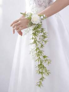 1 Pc Handmade Artificial Flower Wrist Corsage For Forest Fairy Wedding,Hanging Flower,Waterfall Wrist Bouquet For Bridal Bridesmaid - White - View 7
