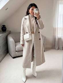SMILE CHIC Women's Autumn/Winter Warm Fashion Long Sleeve Large Lapel Mid-Length Loose Coat Fall - Khaki - View 3