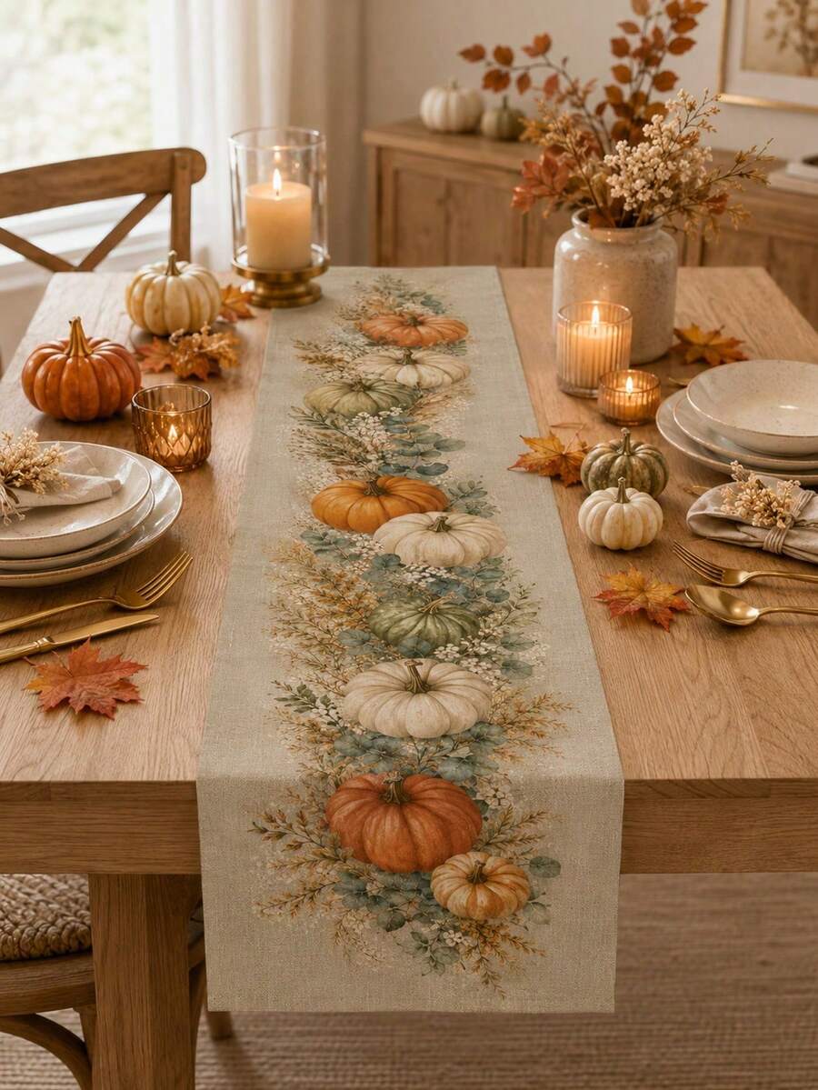 1pc-Autumn Linen Table Runner, Sage Green Pumpkin Table Decor, Neutral Fall Farmhouse Table Runner For Dining Table, Thanksgiving Kitchen Decoration, Rustic Harvest Holiday Centerpiece Cloth For Family Dinner And Home Party - Apricot - View 1