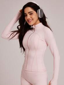 VUTRU 1pc Women's Fitted Sports Jacket With Thumb Hole, Suitable For Running, Yoga Spring - Baby Pink - View 6