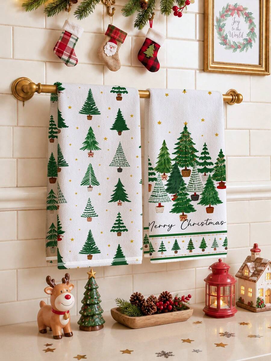 2pcs Christmas Minimalist Christmas Tree Illustration Merry Christmas Pattern Kitchen Towels, Soft Polyester Material Dish Cloths, Suitable For Kitchen Decoration, Kitchen Cleaning, Holiday Party Decoration, Kitchen Bathroom Supplies Home Essentials, Home Decor, Housewarming Gift - Multicolor - View 1