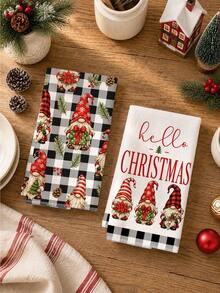 2pcs Christmas Cartoon Black Plaid Gnome Holding Gift Merry Christmas Pattern Kitchen Towels, Soft Polyester Dish Cloths, Suitable For Kitchen Decor, Kitchen Cleaning, Holiday Party Decoration, Kitchen Bathroom Supplies Home Essentials, Home Decor, Housewarming Gift - Multicolor - View 5