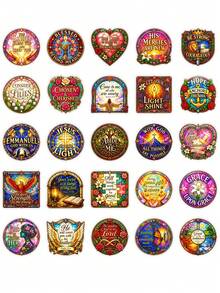 50Pcs Aesthetic Stained‑Glass Bible Text Stickers, Christian Faith Religious Quote Waterproof Decals, Colorful Decor Stickers For Journal, Scrapbook, Water Bottle, Laptop - Multicolor - View 8