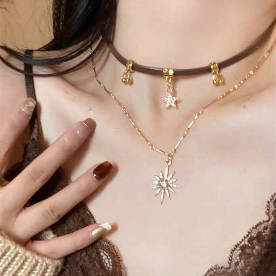 1pc Vintage Gold Sunflower Tiger Eye Necklace, Niche Design Wrinkled Yarn Chain, Autumn/Winter Collarbone Chain Accessory For Party And Banquet - Coffee Brown - View 1