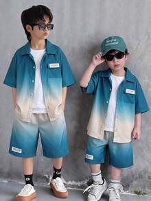 Vihyde Tween Boys Gradient Short Sleeve Shirt & Shorts 2 Pieces Set For School, Daily Commute, Beach, Travel, Spring/Summer Vacation (T-Shirt Not Included) - Baby Blue - View 1