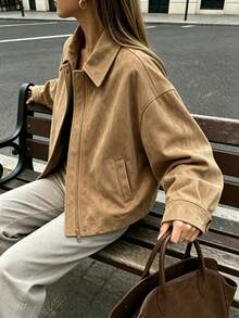 Women's Winter Jacket, Brown Loose Collar Jacket, Long Sleeve, Button Decor, With Pockets, Autumn Outfit Choice, Suitable For Daily Wear - Khaki - View 2