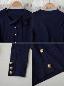 2026 Preppy V-Neck Bow Tie Cable Knit Top, Full Body Vertical Cable Short Length Long Sleeve, Metal Gold Buttons On Placket + Double Row Small Gold Buttons On Cuffs, Waist-Flattering Slimming Youthful Base Layer, Spring/Autumn Commute Gentle Elastic Knit Sweater - Royal Blue - View 8