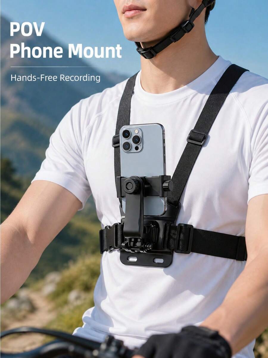 1 Set POV Phone Mount, Chest Strap/Head Strap First-Person Phone Holder, Adjustable Horizontal And Vertical Shooting Support, Suitable For Most Smartphones, Cycling, Hiking, Fishing, Outdoor Live Streaming, Video Recording And Sports Use - Multicolor - View 1