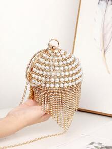 Mini Rhinestone Tassel Sphere Handbag Evening Clutch - Gold - View 7