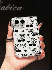 1pc Fashionable, Cute, Simple, High Transparency PC Material Cherry Heart Element Folding Phone Case, Can Protect And Prevent Falling: SamsungGalaxy Z Fold 8/IPhoneDuo - Clear - View 3