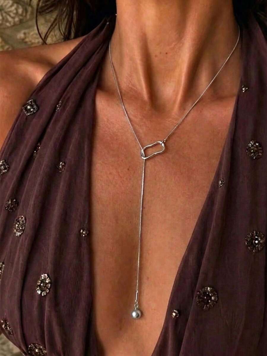 1pc Fashion Cold Style Metallic Beaded Long Pendant Necklace For Women - Silver - View 1