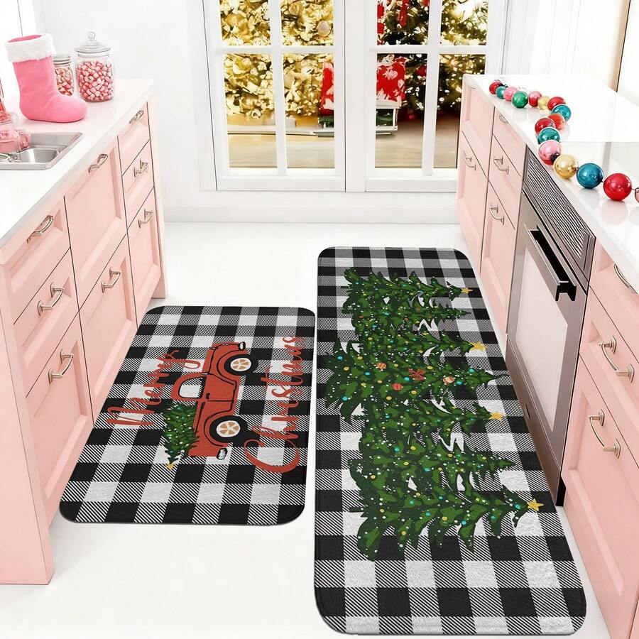 1/2/3pcs Christmas Theme Kitchen Rugs, Flannel Kitchen Rugs With Christmas Tree Pattern And Black & White Checkered Background, Comfortable Soft Absorbent Non-Slip Machine Washable With Anti-Slip Backing, Multi-Functional Floor Mat Suitable For Entrance, Living Room, Bedroom, Kitchen, Dining Room, Bathroom, Patio, Hallway, Home And Holiday Decor - Multicolor - View 1