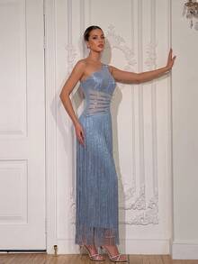New Women's Sexy One Shoulder Sleeveless Backless Heavy Rhinestone Mesh Patchwork Tassel Bandage Long Formal Evening Gown - Baby Blue - View 6