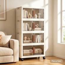 Armário Organizador Dobrável de 4 Camadas, Largura 48cm Branco Creme, Portas Semitransparentes à Prova de Poeira, Empilhável com Travas Laterais, Rodinhas 360° com Trava, Ideal para Apartamento Pequeno, Quarto, Cozinha e Sala L - Bege - Visão 3