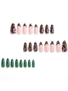 24 Pieces Of Autumn Nail Designs, Medium-Length Almond-Shaped Fake Nails, Emerald Leopard-Print Painted Fake Nails, Complete Coverage Of Autumn Nails, Glossy, Cheetah-Patterned Nail Tips, Artificial Nails - Multicolor - View 2