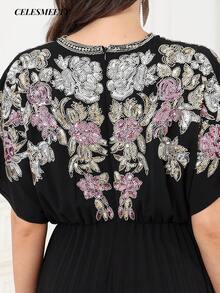 Luxury Royal Style Computer Sequin Beaded Embroidered Ball Gown, Elegant Black Striped Chiffon Batwing Sleeve Dress - Black - View 10