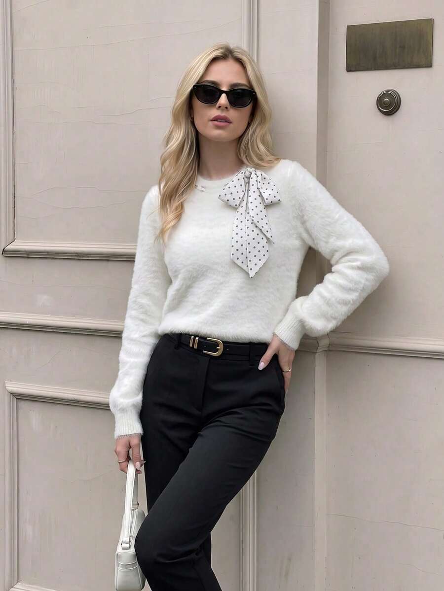Nicenter Suéter de mujer de punto esponjoso blanco con lunares y lazo decorativo, cuello redondo, manga larga, mezcla de lana, casual para otoño/invierno, adecuado para oficina, uso diario, - Blanco - Ver 1