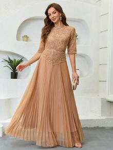 JINLICX Luxury Champagne Beaded Sequin Mesh Pleated Maxi Evening Gown Elegant Round Neck Mid-Sleeve Modest Formal Dress For Wedding Guest Party Gala - Champagne - View 5