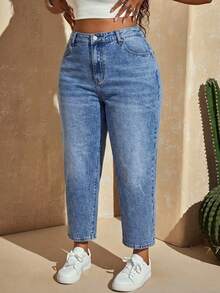 Plus Size Mom Slim Fit Ankle Length Denim Jeans With Pockets And Zipper, Non-Stretch Fabric, Suitable For Daily Wear - Blue - View 7
