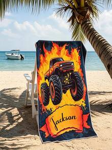 Personalized Monster Truck Kids Beach Towel, Custom Name Soft Super‑Absorbent Microfiber Towel, Lightweight, Perfect For Beach, Party, Travel, Camping - Multicolor - View 2