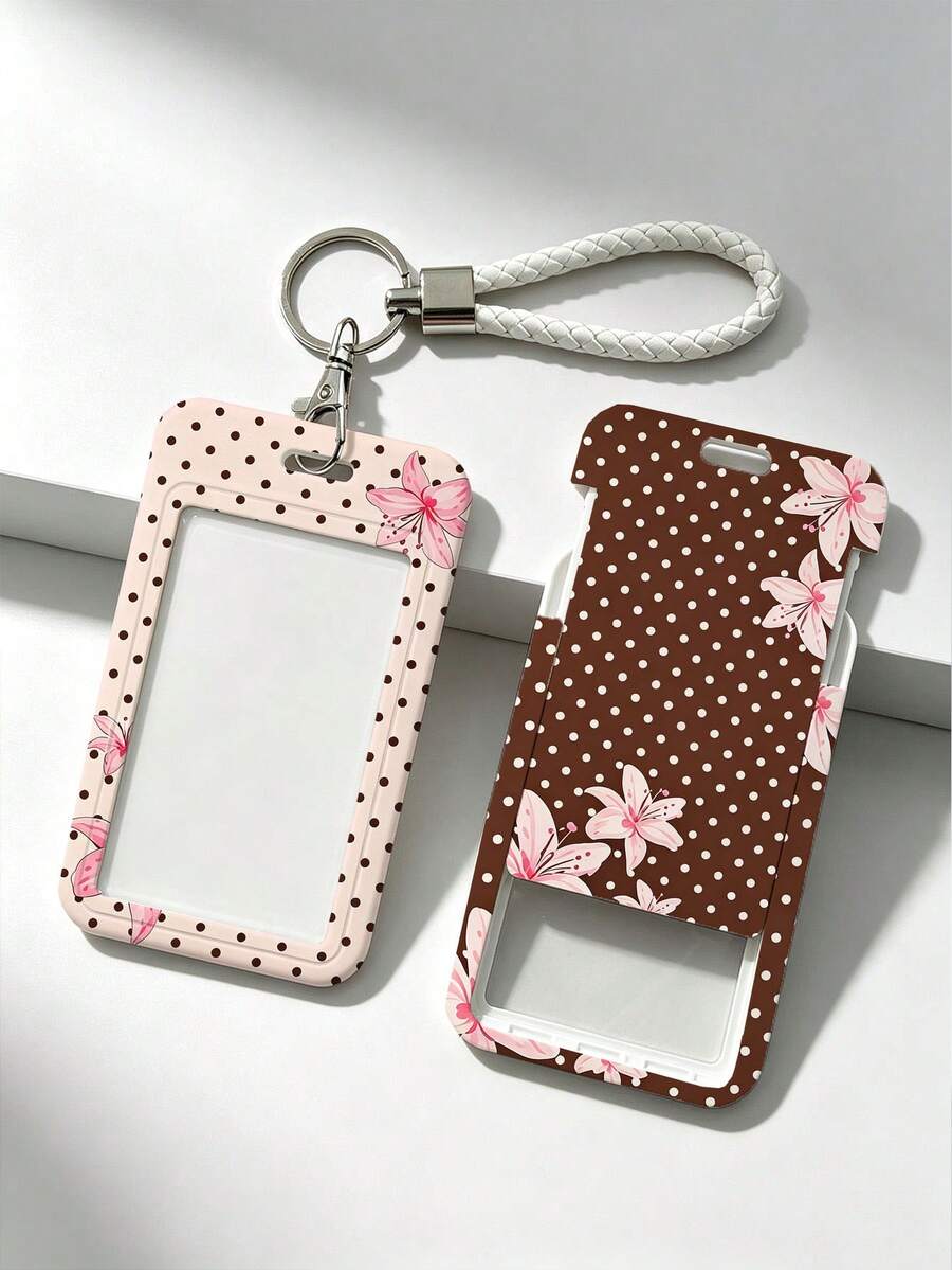 Soft Pink Lily Polka Dot Pattern Personalized Retractable Card Holder, Keychain Pendant Bag Charm, Student ID & Transit Card Protective Sleeve, Suitable For Office Workers And Students Daily Use - Multicolor - View 1