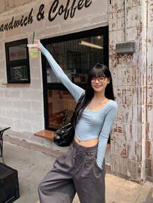 女款字母印花方領長袖休閒百搭T恤 - 藍色 - 查看 2