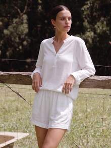Women's Summer Pajama Set, Solid Color Minimalist Fashion Half-Button V-Neck Pullover Loose , Casual Loungewear 2-Piece Set - White - View 1